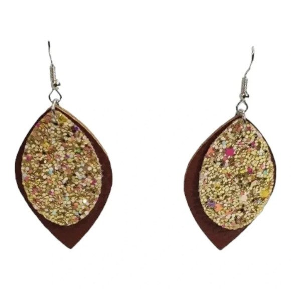 2 layer gold and brown glitter Faux Leather Dangle Chic Lightweight Earring 2br4 - Picture 2 of 6